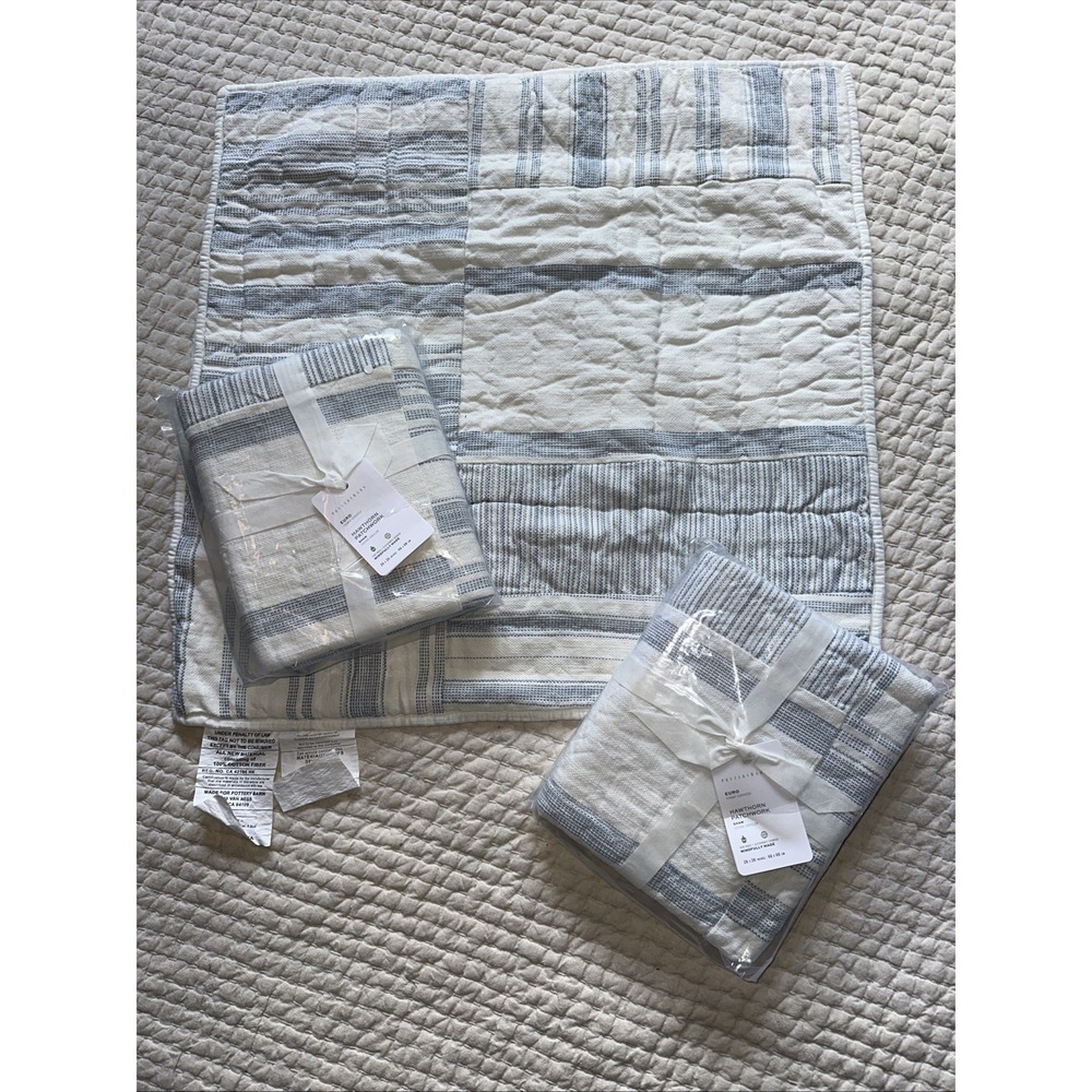 Pottery Barn Hawthorne Patchwork Light Blue Ivory Euro Shams Set of 3 New NWT